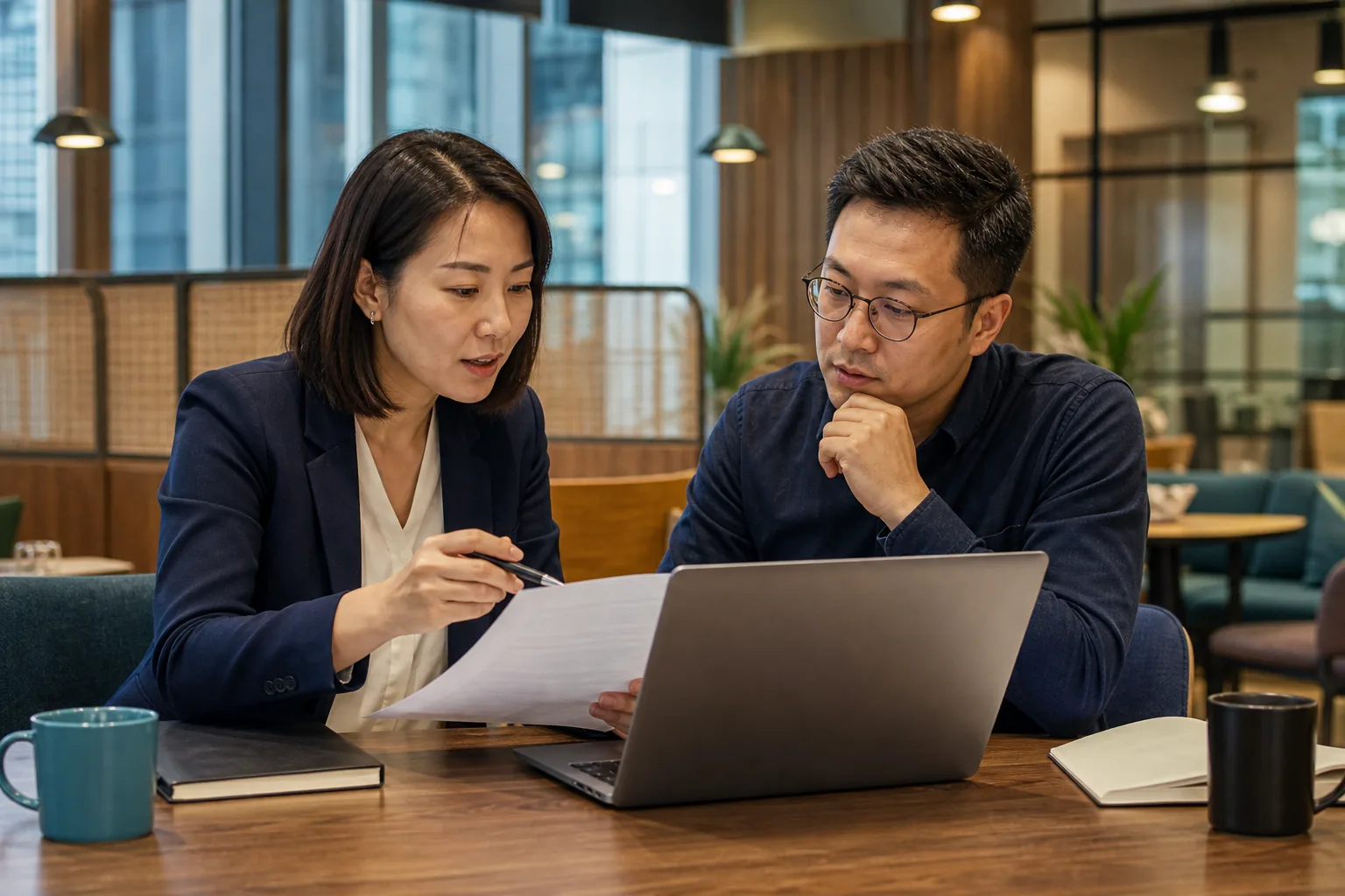 導師與在職進修人士核對功課要求的形象情境